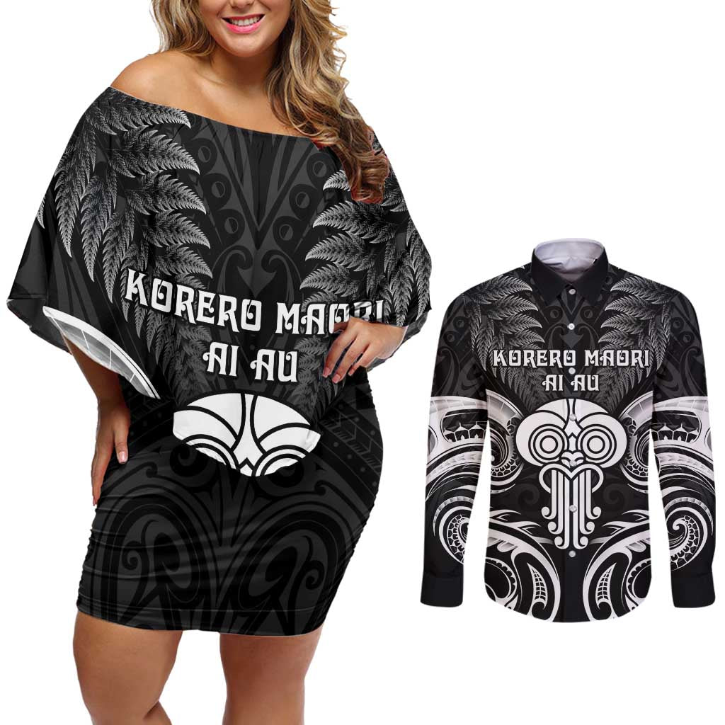 New Zealand Te Reo Maori Couples Matching Off Shoulder Short Dress and Long Sleeve Button Shirt Korero Maori Ai Au