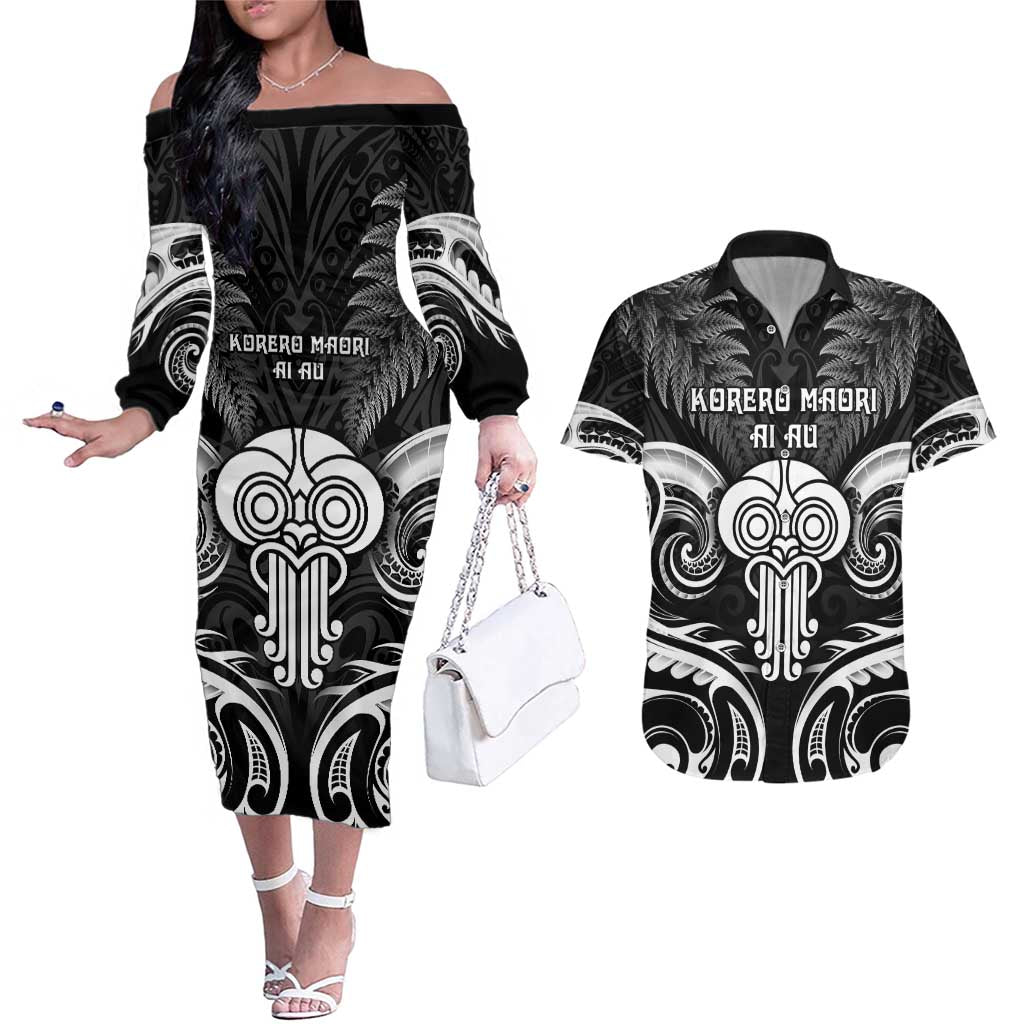 New Zealand Te Reo Maori Couples Matching Off The Shoulder Long Sleeve Dress and Hawaiian Shirt Korero Maori Ai Au