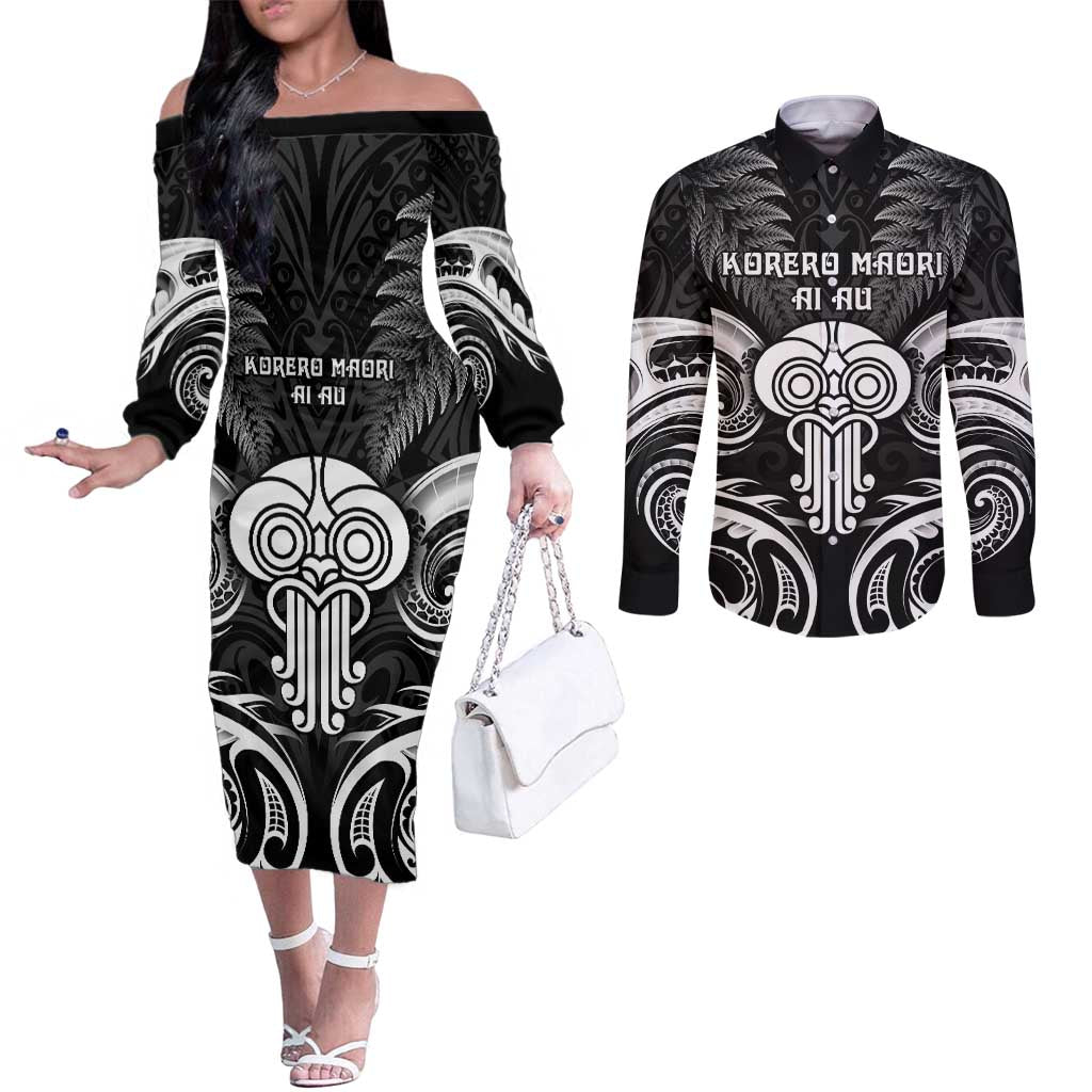 New Zealand Te Reo Maori Couples Matching Off The Shoulder Long Sleeve Dress and Long Sleeve Button Shirt Korero Maori Ai Au