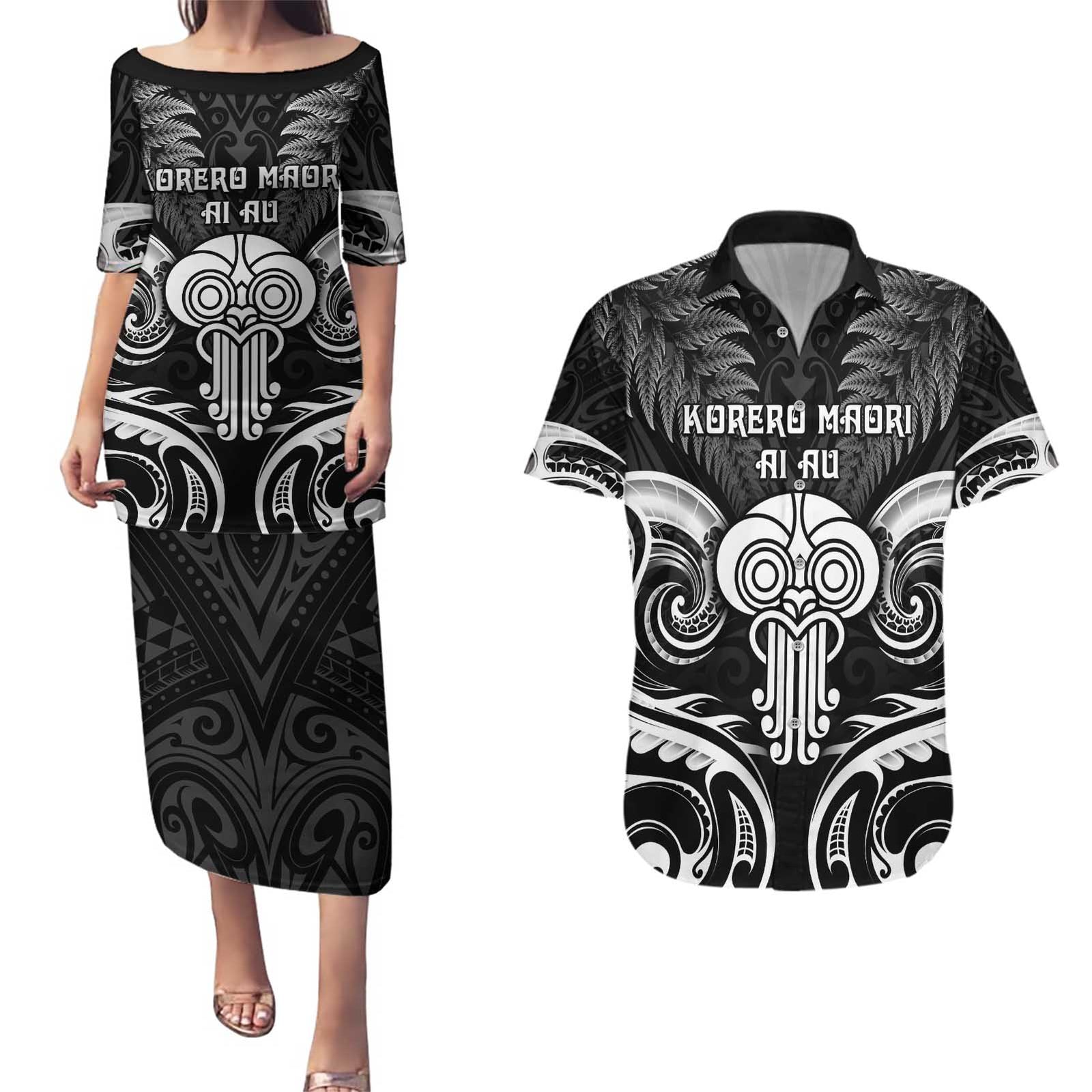 New Zealand Te Reo Maori Couples Matching Puletasi and Hawaiian Shirt Korero Maori Ai Au LT05 Black - Polynesian Pride