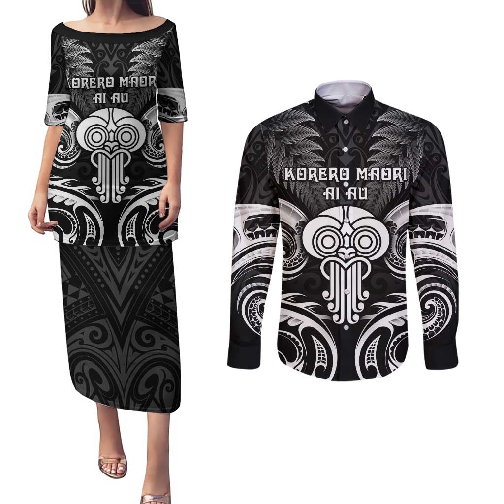 New Zealand Te Reo Maori Couples Matching Puletasi and Long Sleeve Button Shirt Korero Maori Ai Au LT05 Black - Polynesian Pride