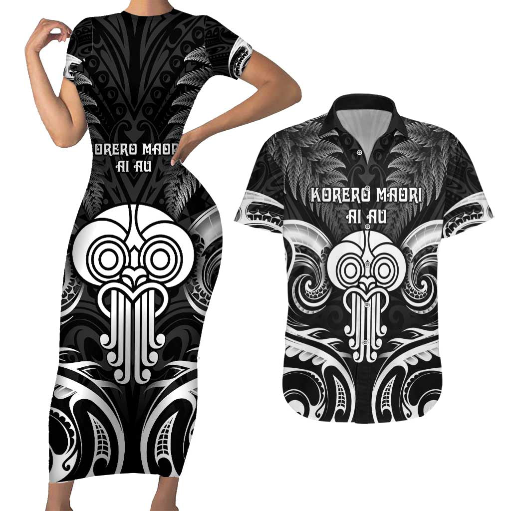 New Zealand Te Reo Maori Couples Matching Short Sleeve Bodycon Dress and Hawaiian Shirt Korero Maori Ai Au LT05 Black - Polynesian Pride