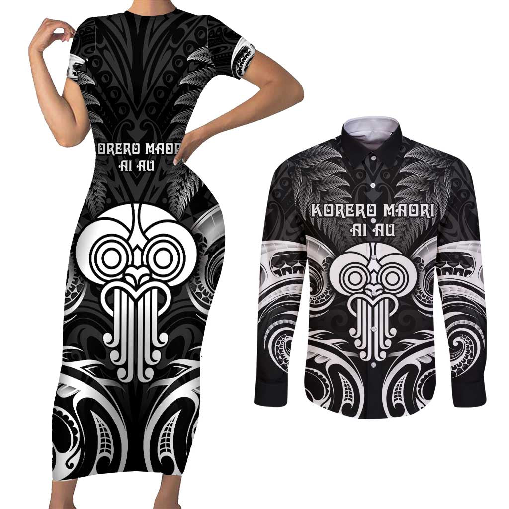 New Zealand Te Reo Maori Couples Matching Short Sleeve Bodycon Dress and Long Sleeve Button Shirt Korero Maori Ai Au