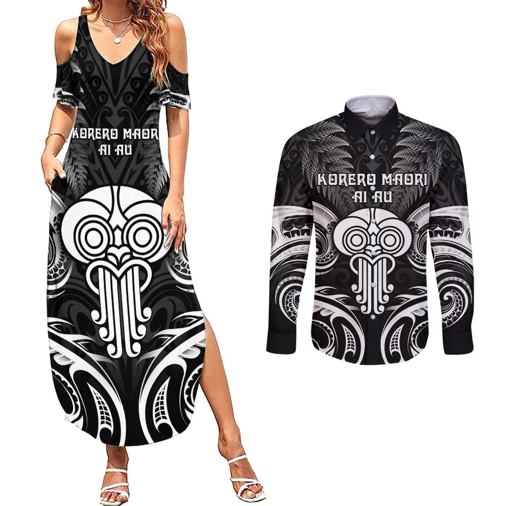 New Zealand Te Reo Maori Couples Matching Summer Maxi Dress and Long Sleeve Button Shirt Korero Maori Ai Au LT05 Black - Polynesian Pride