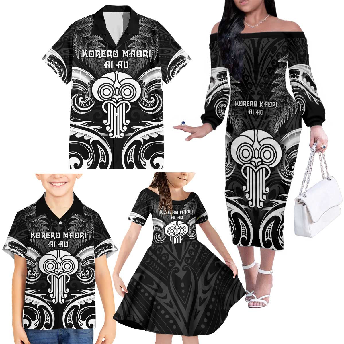 New Zealand Te Reo Maori Family Matching Off The Shoulder Long Sleeve Dress and Hawaiian Shirt Korero Maori Ai Au