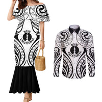 New Caledonia Day Couples Matching Mermaid Dress and Long Sleeve Button Shirt Polynesian Curves White Color - Polynesian Pride