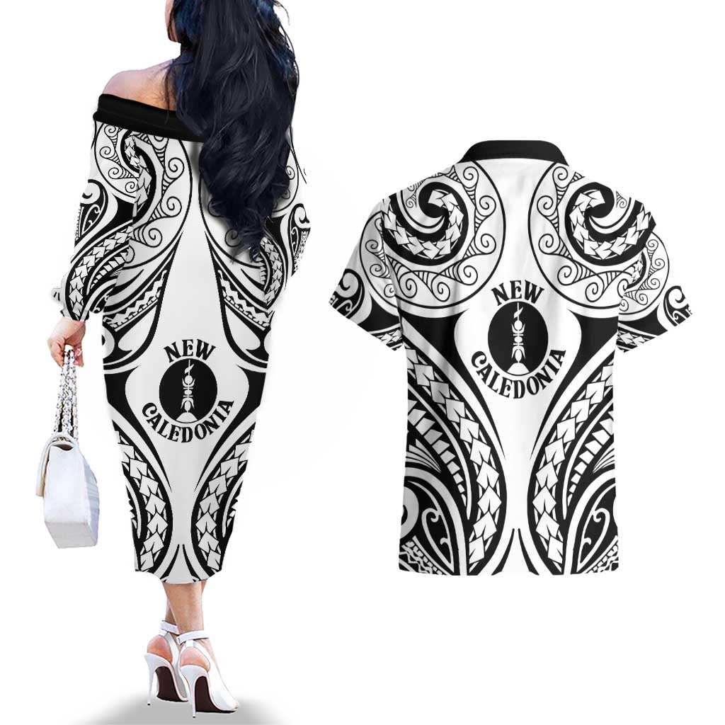 New Caledonia Day Couples Matching Off The Shoulder Long Sleeve Dress and Hawaiian Shirt Polynesian Curves White Color - Polynesian Pride