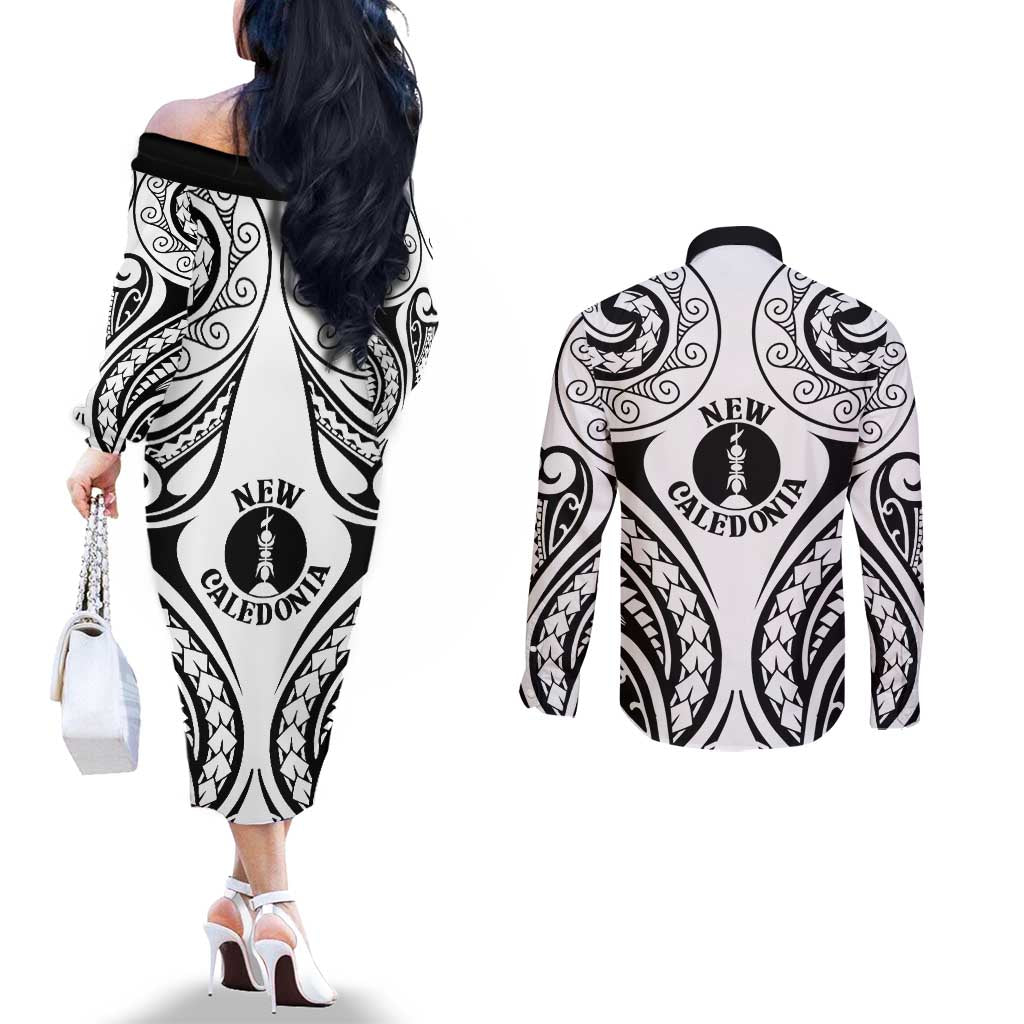 New Caledonia Day Couples Matching Off The Shoulder Long Sleeve Dress and Long Sleeve Button Shirt Polynesian Curves White Color - Polynesian Pride