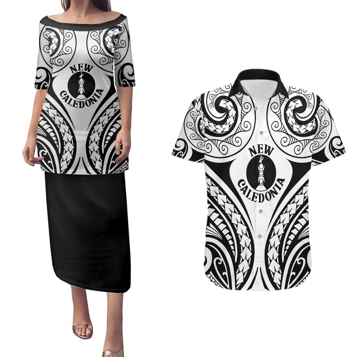 New Caledonia Day Couples Matching Puletasi and Hawaiian Shirt Polynesian Curves White Color - Polynesian Pride
