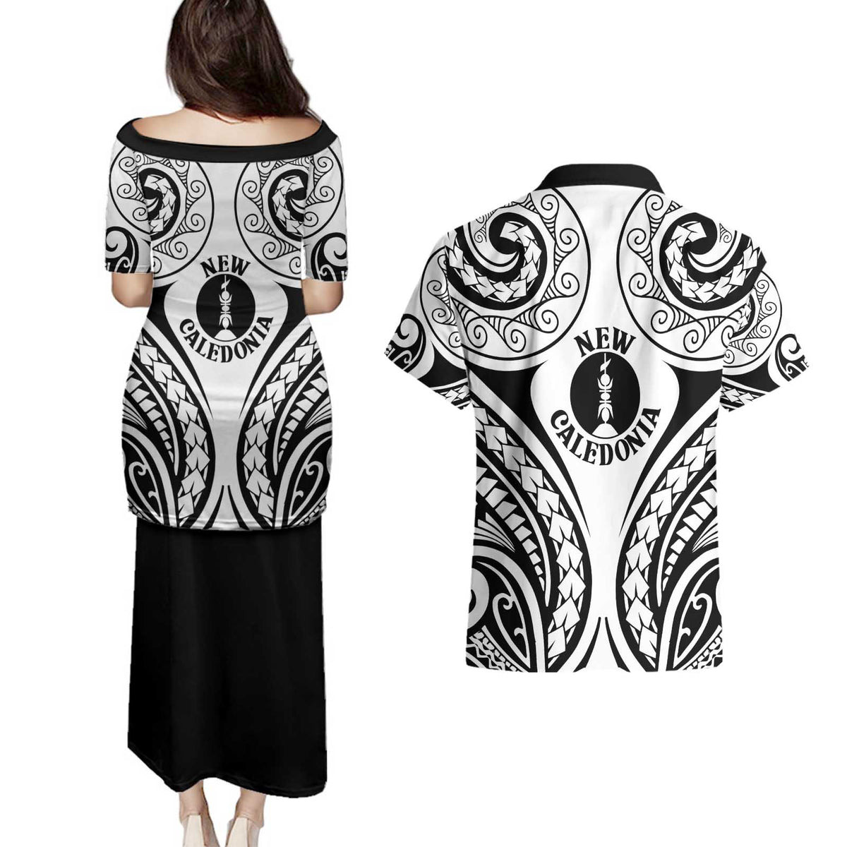 New Caledonia Day Couples Matching Puletasi and Hawaiian Shirt Polynesian Curves White Color - Polynesian Pride