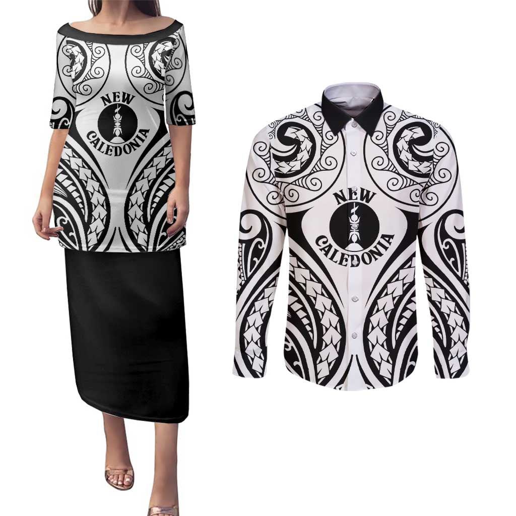 New Caledonia Day Couples Matching Puletasi and Long Sleeve Button Shirt Polynesian Curves White Color - Polynesian Pride