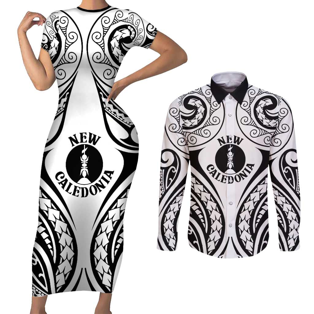New Caledonia Day Couples Matching Short Sleeve Bodycon Dress and Long Sleeve Button Shirt Polynesian Curves White Color - Polynesian Pride