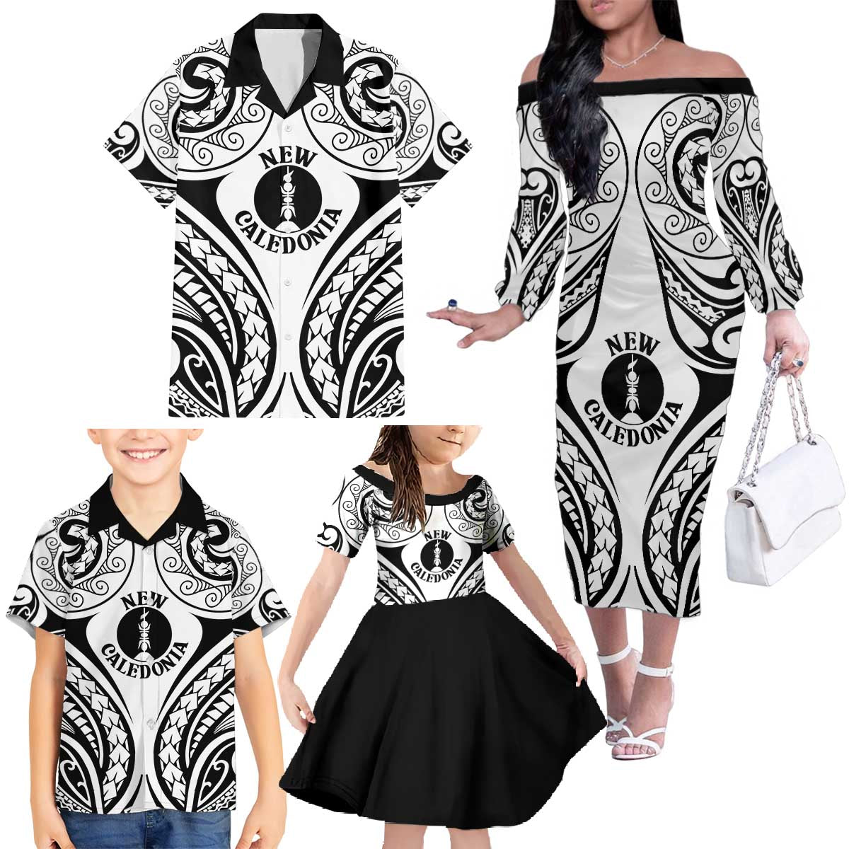 New Caledonia Day Family Matching Off The Shoulder Long Sleeve Dress and Hawaiian Shirt Polynesian Curves White Color - Polynesian Pride