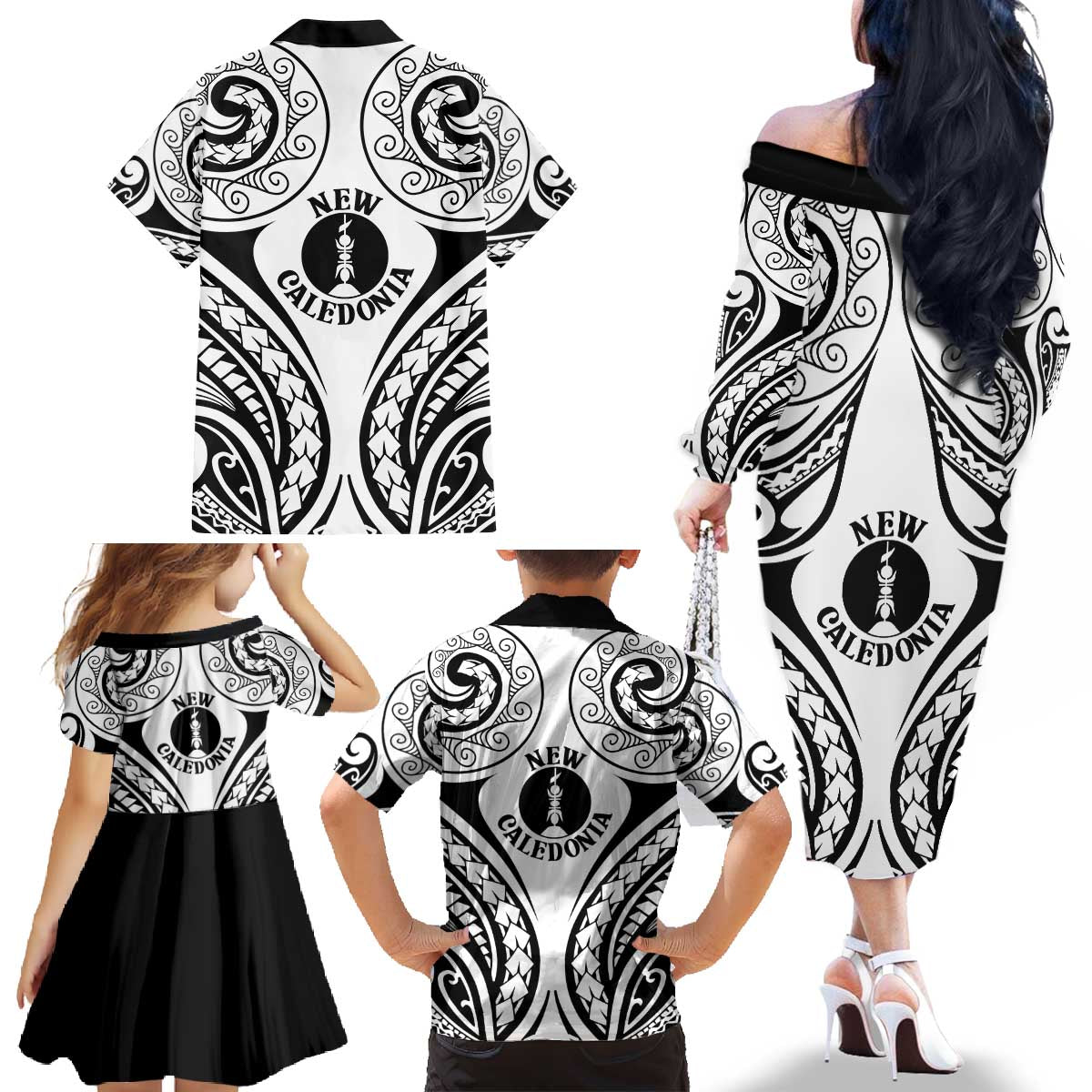 New Caledonia Day Family Matching Off The Shoulder Long Sleeve Dress and Hawaiian Shirt Polynesian Curves White Color - Polynesian Pride