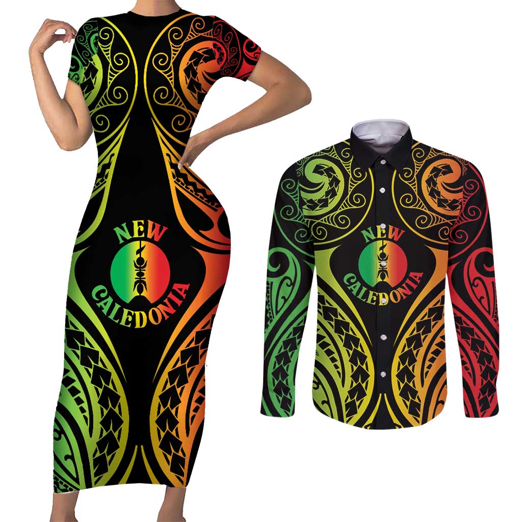 New Caledonia Day Couples Matching Short Sleeve Bodycon Dress and Long Sleeve Button Shirt Polynesian Curves Reggae Color - Polynesian Pride