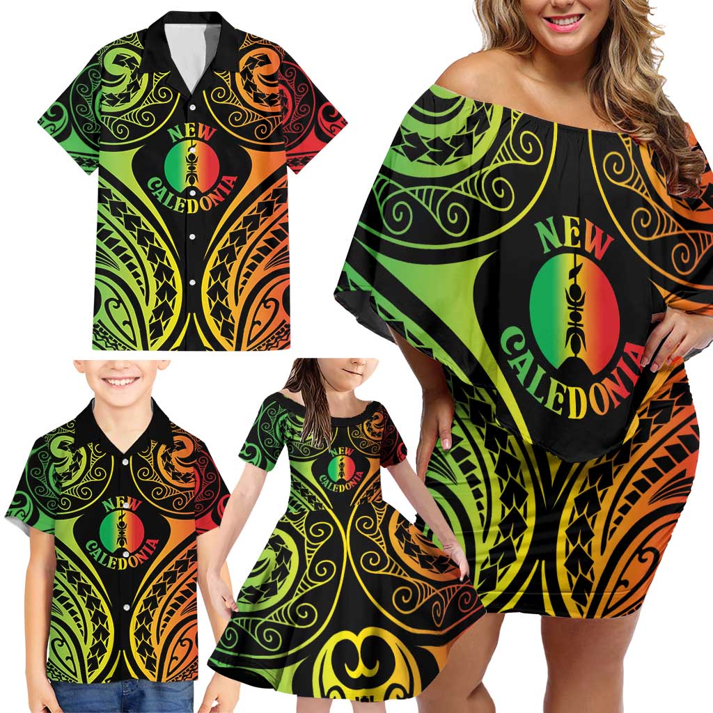 New Caledonia Day Family Matching Off Shoulder Short Dress and Hawaiian Shirt Polynesian Curves Reggae Color - Polynesian Pride