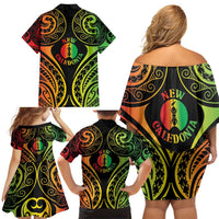 New Caledonia Day Family Matching Off Shoulder Short Dress and Hawaiian Shirt Polynesian Curves Reggae Color - Polynesian Pride