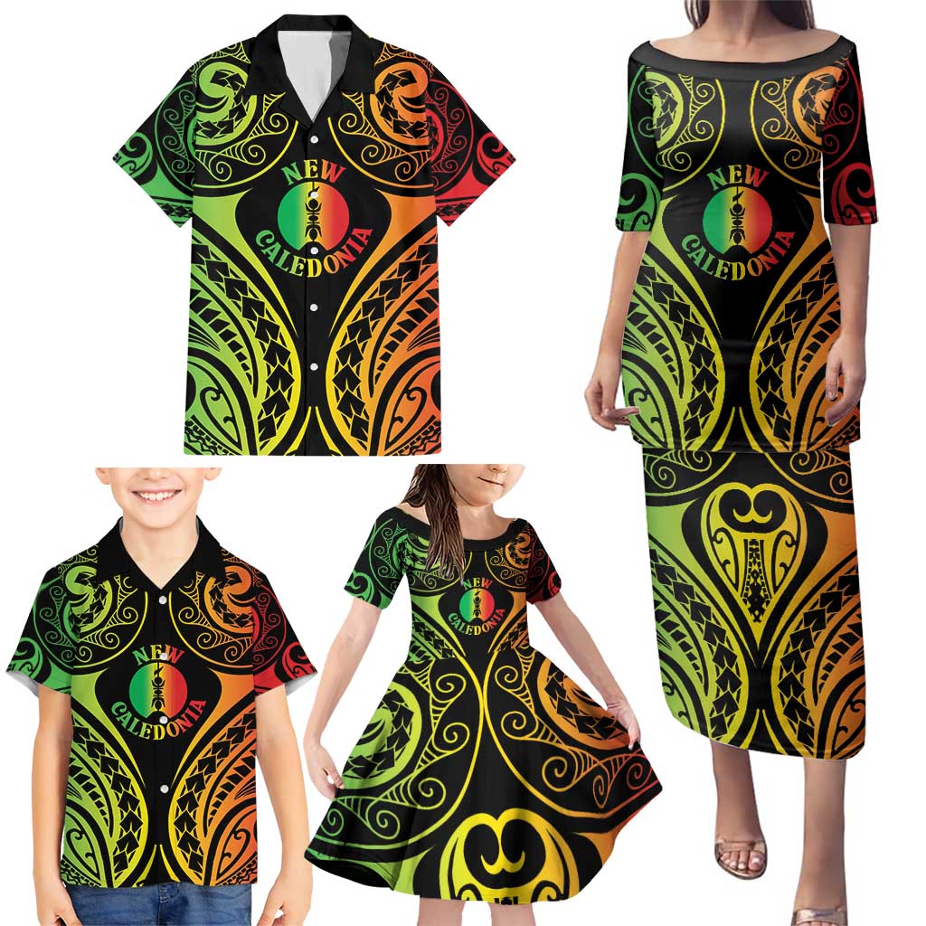 New Caledonia Day Family Matching Puletasi and Hawaiian Shirt Polynesian Curves Reggae Color - Polynesian Pride