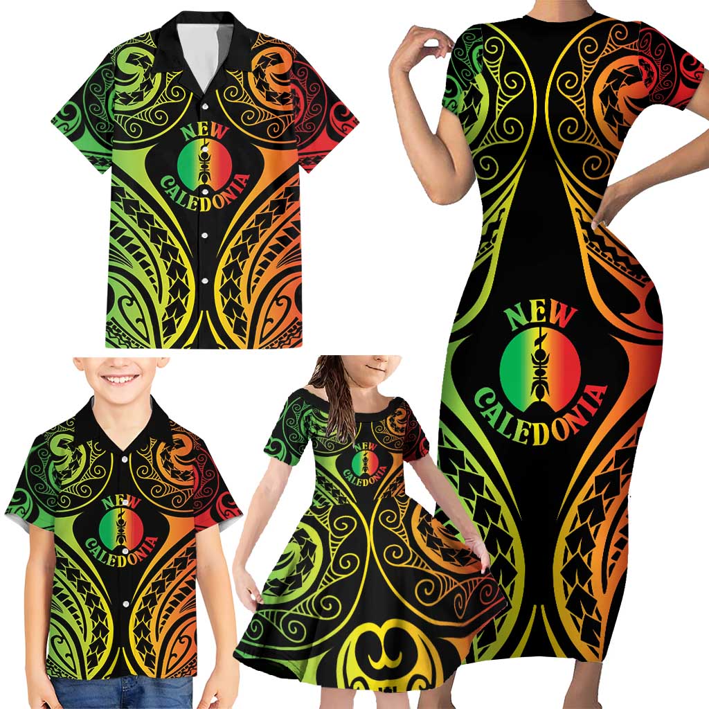 New Caledonia Day Family Matching Short Sleeve Bodycon Dress and Hawaiian Shirt Polynesian Curves Reggae Color - Polynesian Pride