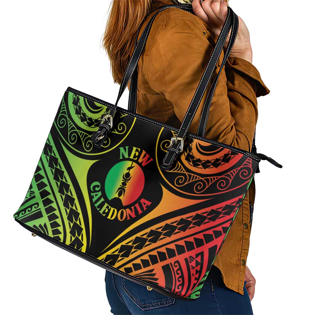 New Caledonia Day Leather Tote Bag Polynesian Curves Reggae Color - Polynesian Pride