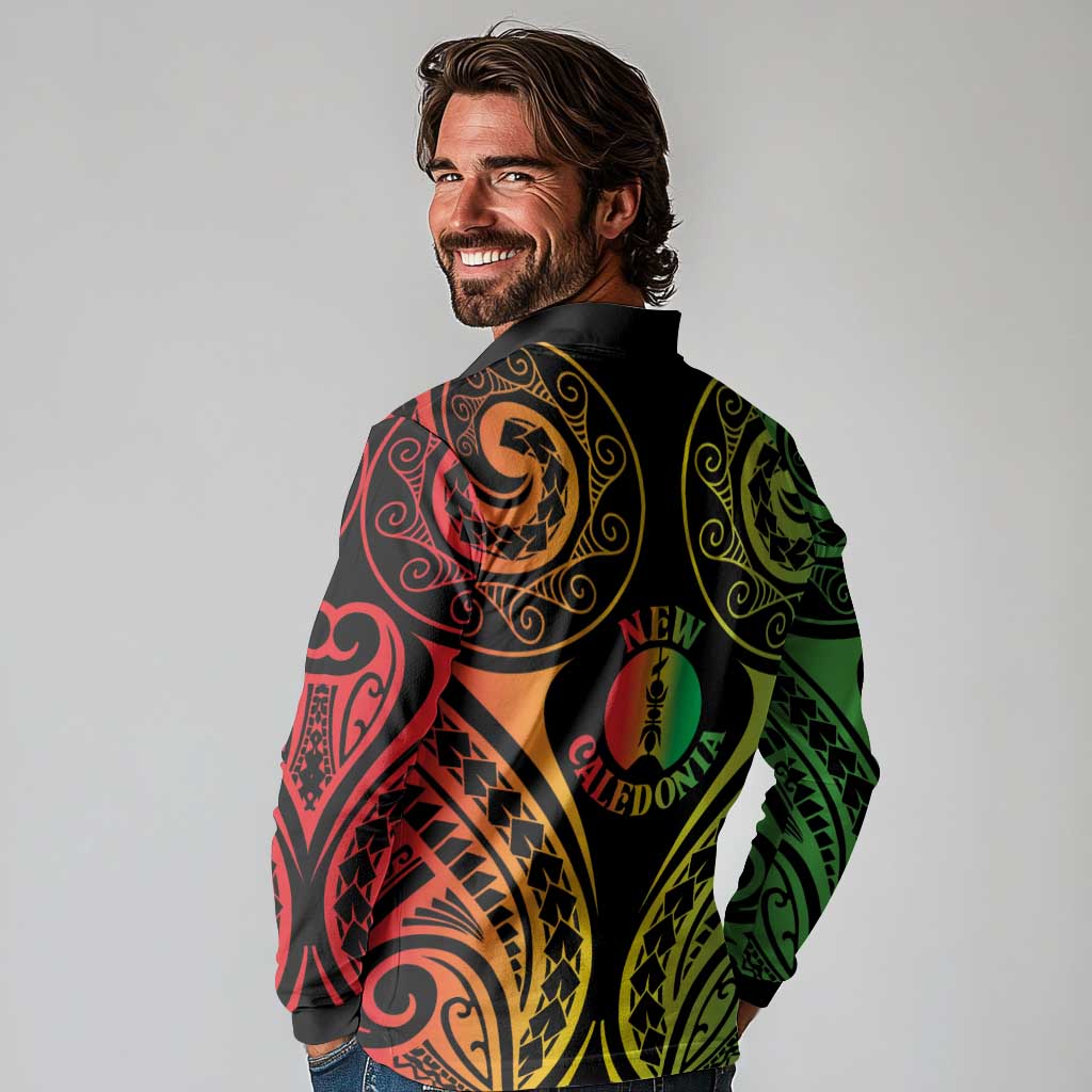 New Caledonia Day Long Sleeve Polo Shirt Polynesian Curves Reggae Color - Polynesian Pride