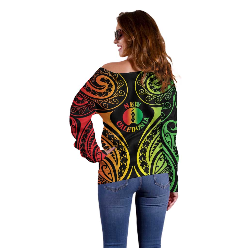 New Caledonia Day Off Shoulder Sweater Polynesian Curves Reggae Color - Polynesian Pride