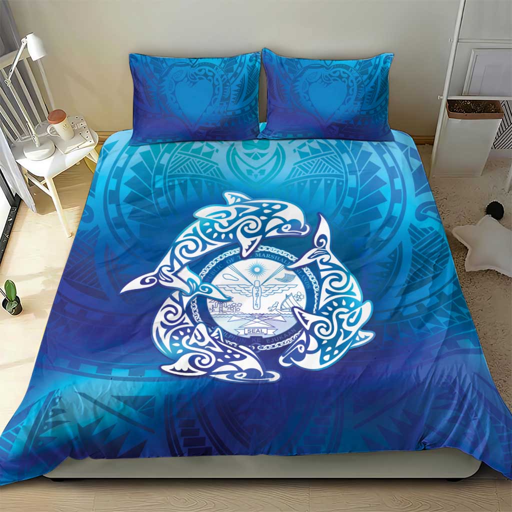 Marshall Islands Manit Day Bedding Set Tribal Dolphin With Marshall Seal - Polynesian Pride