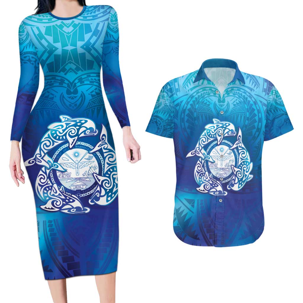 Marshall Islands Manit Day Couples Matching Long Sleeve Bodycon Dress and Hawaiian Shirt Tribal Dolphin With Marshall Seal - Polynesian Pride
