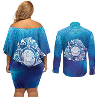 Marshall Islands Manit Day Couples Matching Off Shoulder Short Dress and Long Sleeve Button Shirt Tribal Dolphin With Marshall Seal - Polynesian Pride