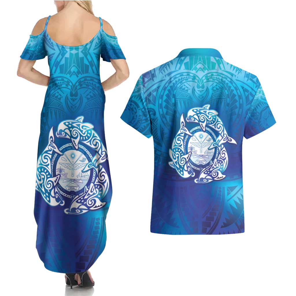 Marshall Islands Manit Day Couples Matching Summer Maxi Dress and Hawaiian Shirt Tribal Dolphin With Marshall Seal - Polynesian Pride