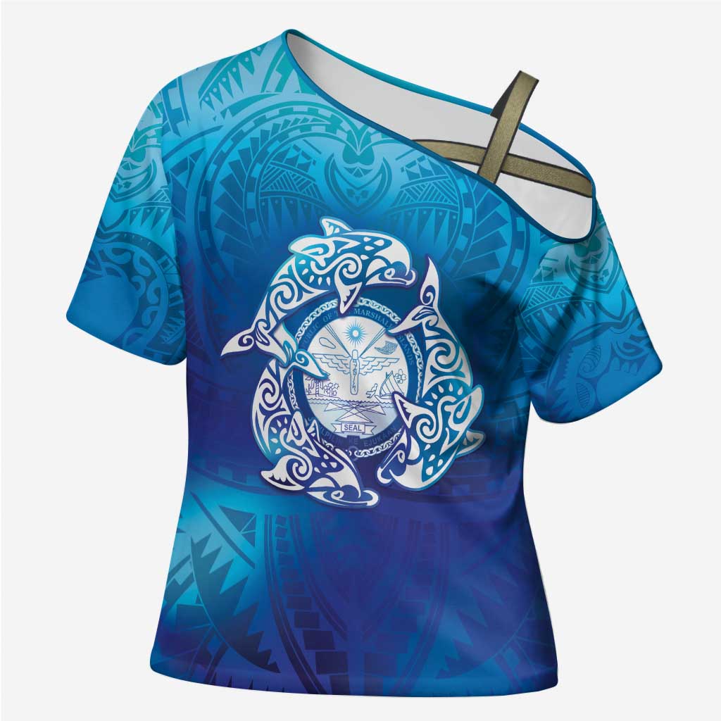 Marshall Islands Manit Day Cross Shoulder Shirt Tribal Dolphin With Marshall Seal - Polynesian Pride