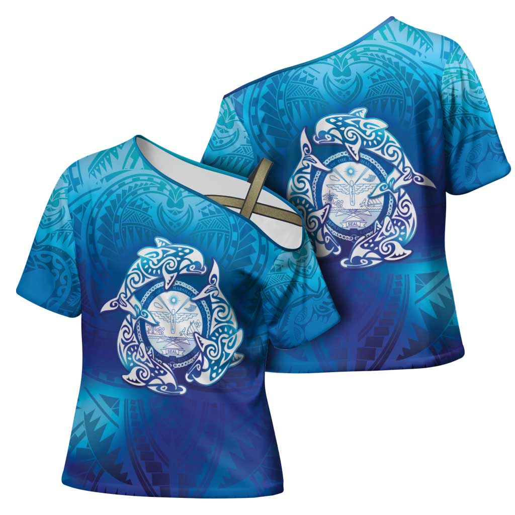 Marshall Islands Manit Day Cross Shoulder Shirt Tribal Dolphin With Marshall Seal - Polynesian Pride