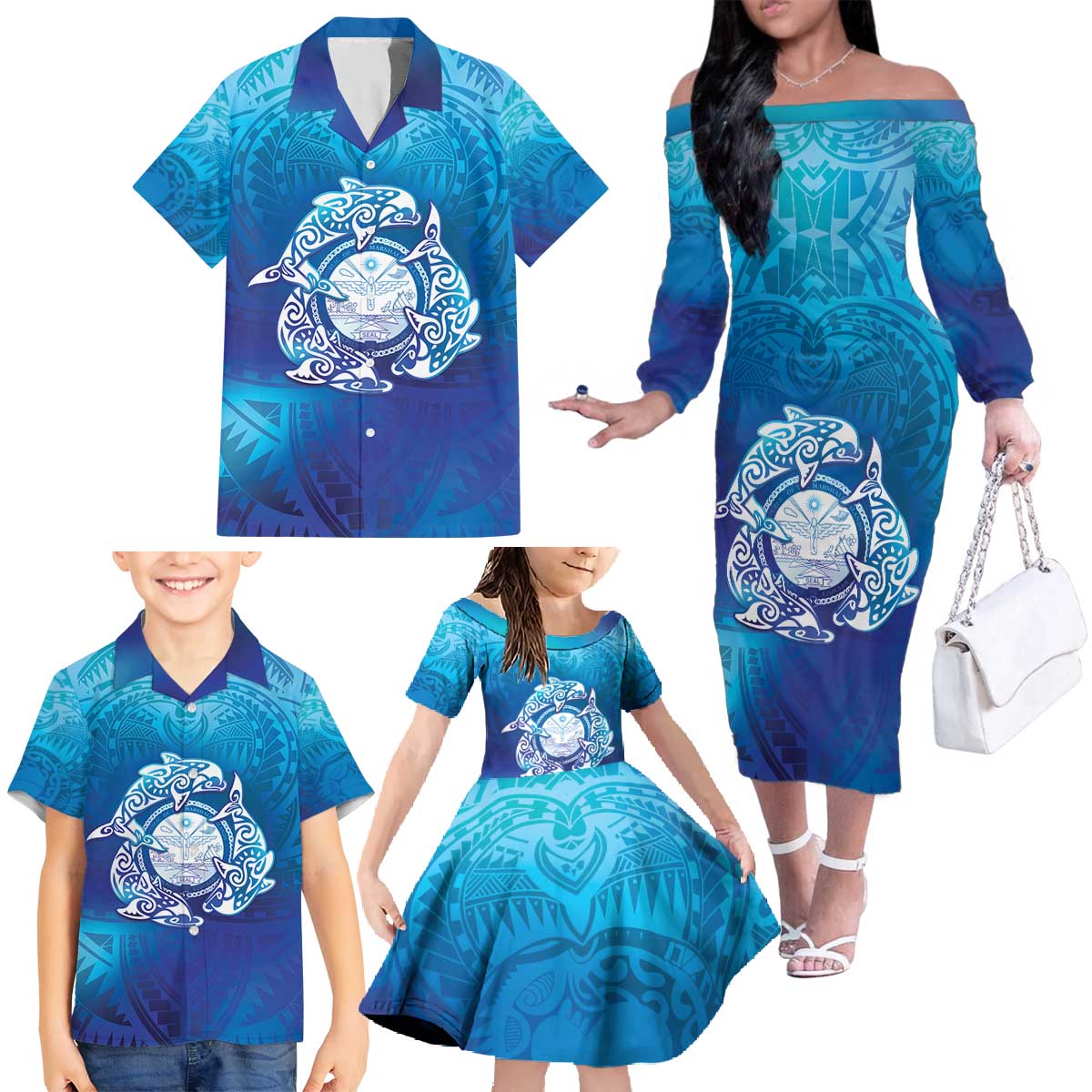 Marshall Islands Manit Day Family Matching Off The Shoulder Long Sleeve Dress and Hawaiian Shirt Tribal Dolphin With Marshall Seal - Polynesian Pride