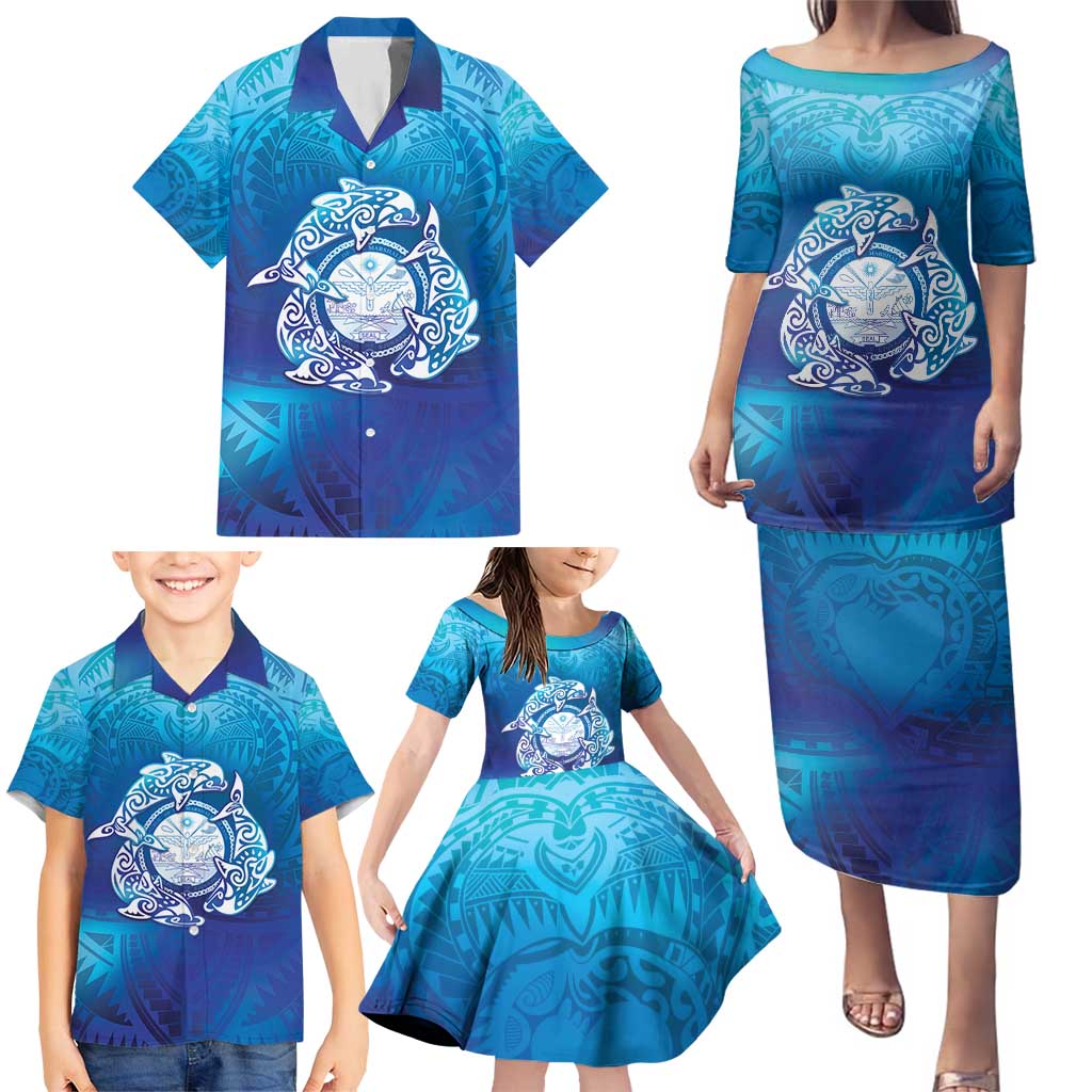 Marshall Islands Manit Day Family Matching Puletasi and Hawaiian Shirt Tribal Dolphin With Marshall Seal - Polynesian Pride