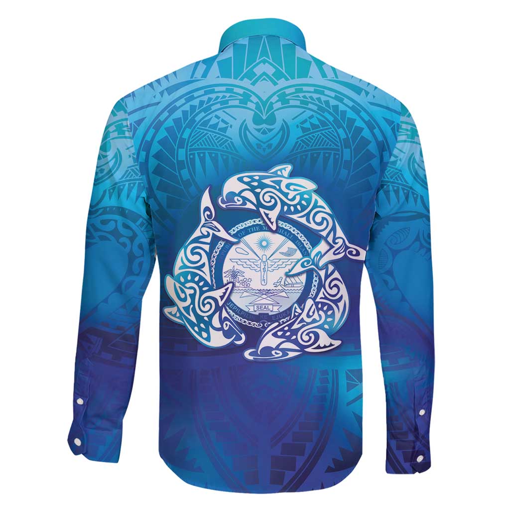 Marshall Islands Manit Day Family Matching Short Sleeve Bodycon Dress and Hawaiian Shirt Tribal Dolphin With Marshall Seal - Polynesian Pride