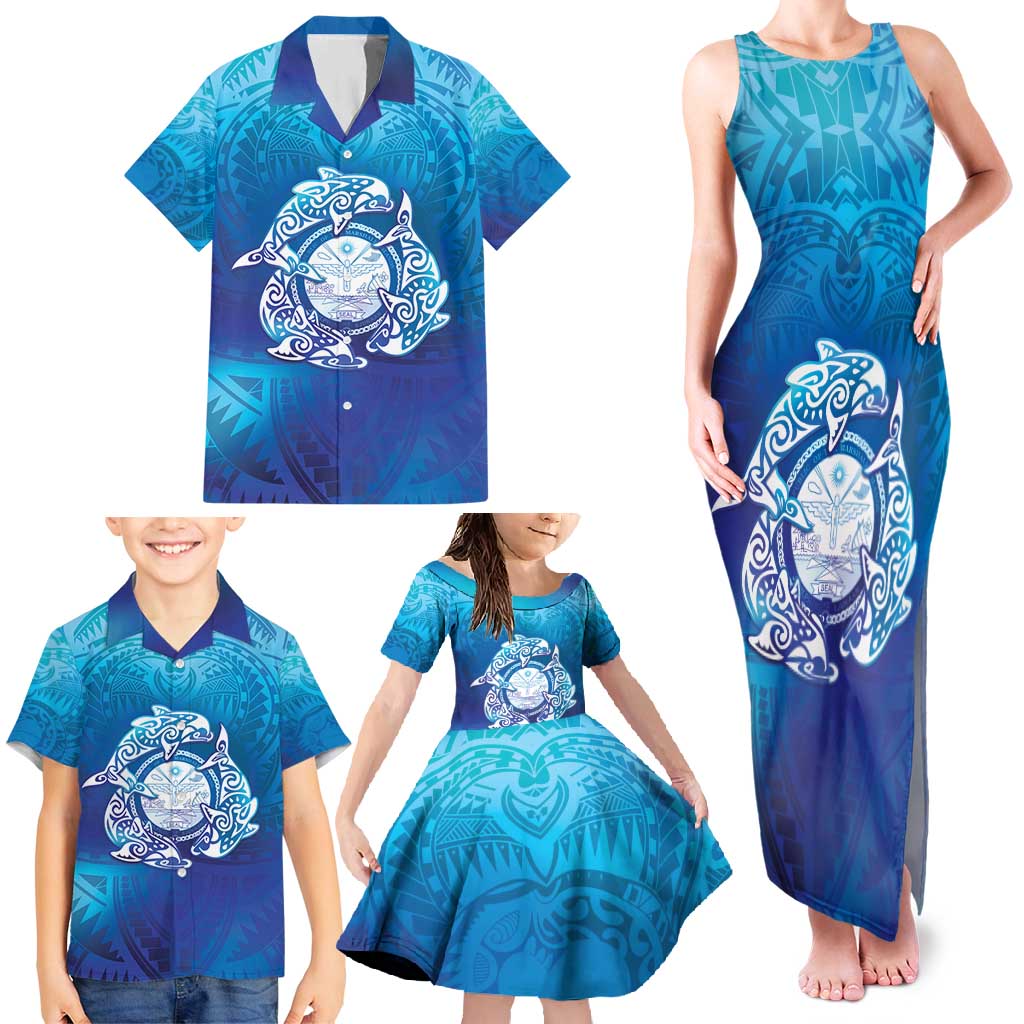 Marshall Islands Manit Day Family Matching Tank Maxi Dress and Hawaiian Shirt Tribal Dolphin With Marshall Seal - Polynesian Pride