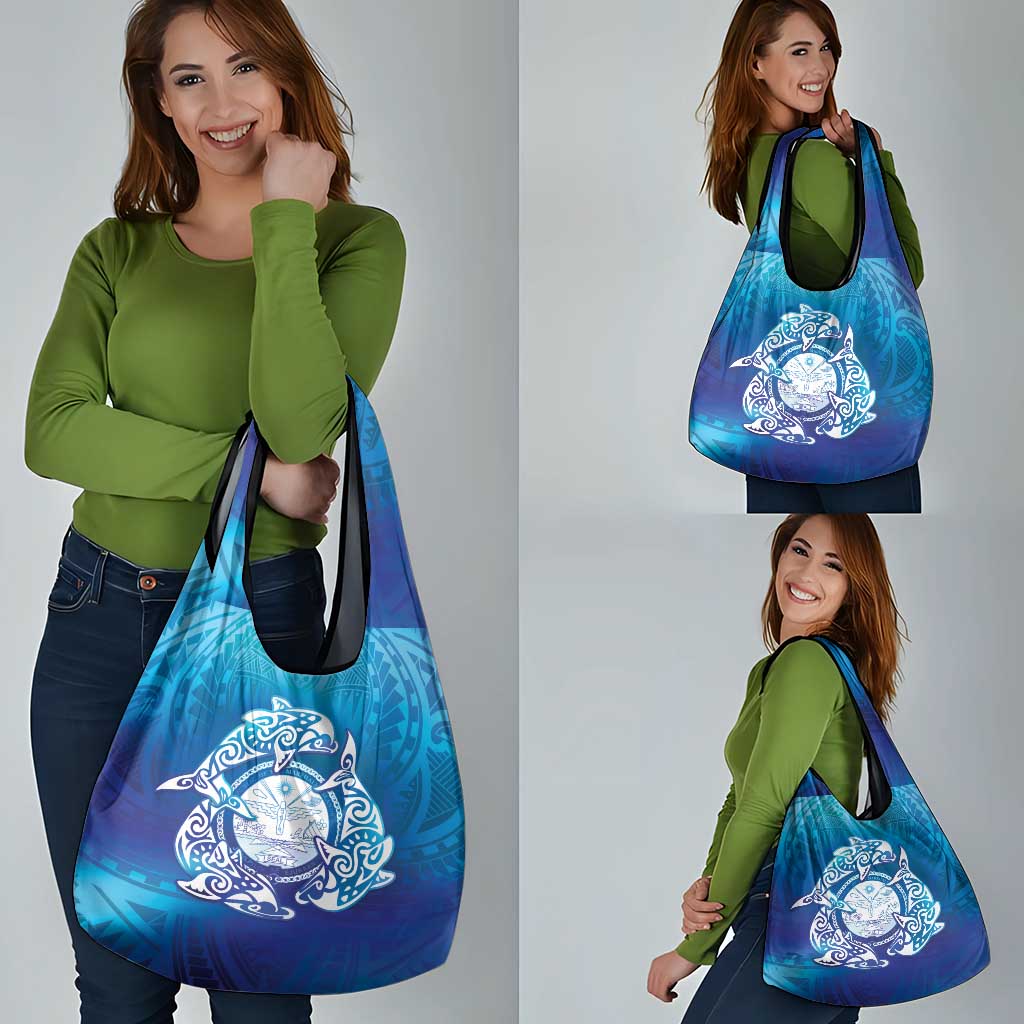 Marshall Islands Manit Day Grocery Bag Tribal Dolphin With Marshall Seal - Polynesian Pride