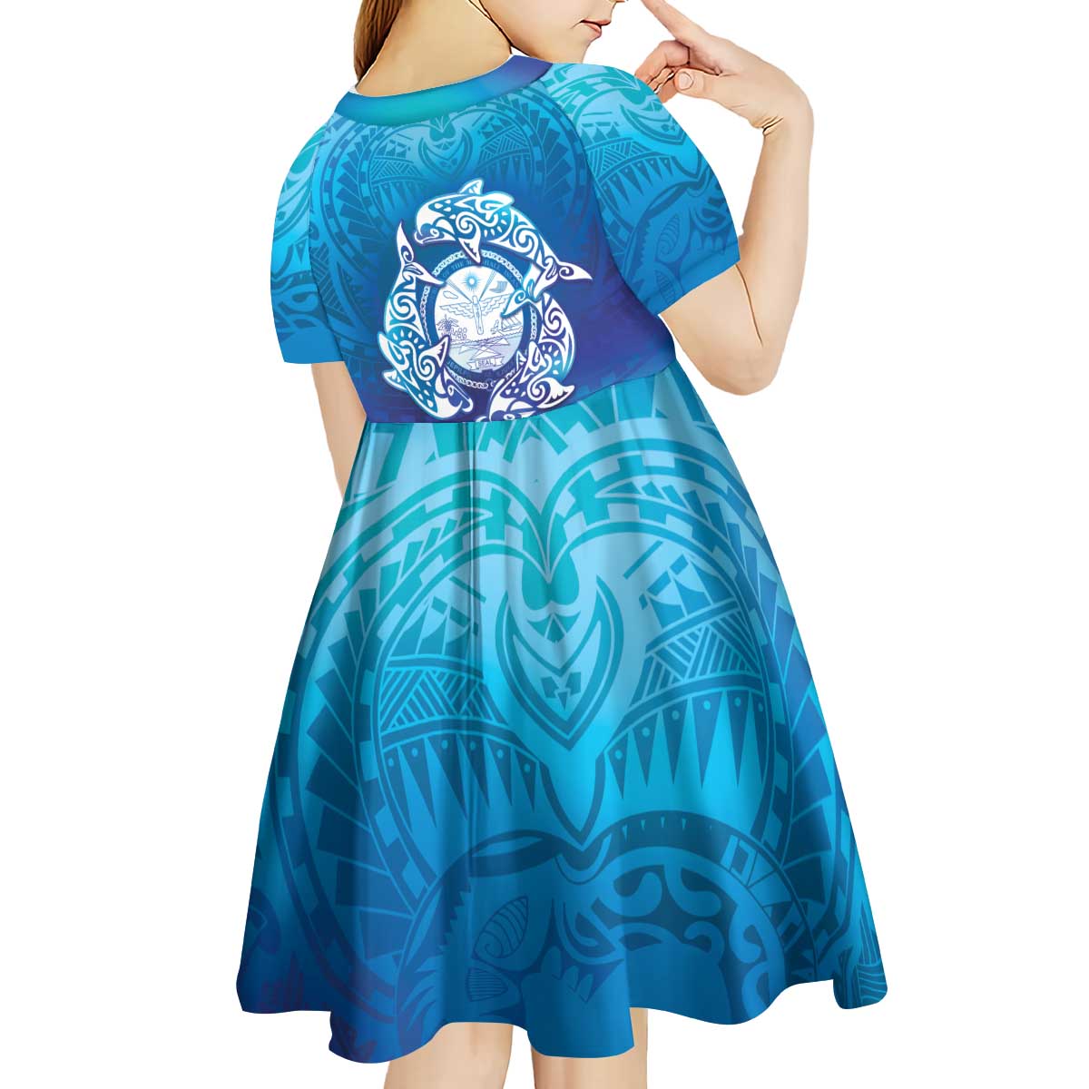 Marshall Islands Manit Day Kid Short Sleeve Dress Tribal Dolphin With Marshall Seal - Polynesian Pride