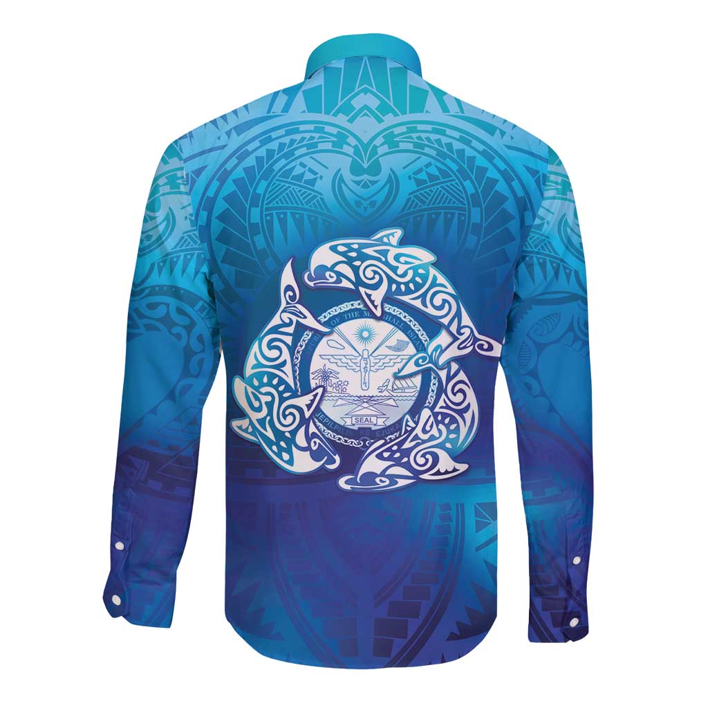 Marshall Islands Manit Day Long Sleeve Button Shirt Tribal Dolphin With Marshall Seal - Polynesian Pride