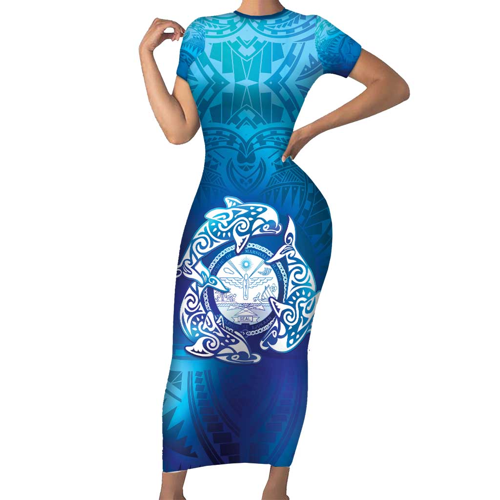 Marshall Islands Manit Day Short Sleeve Bodycon Dress Tribal Dolphin With Marshall Seal - Polynesian Pride