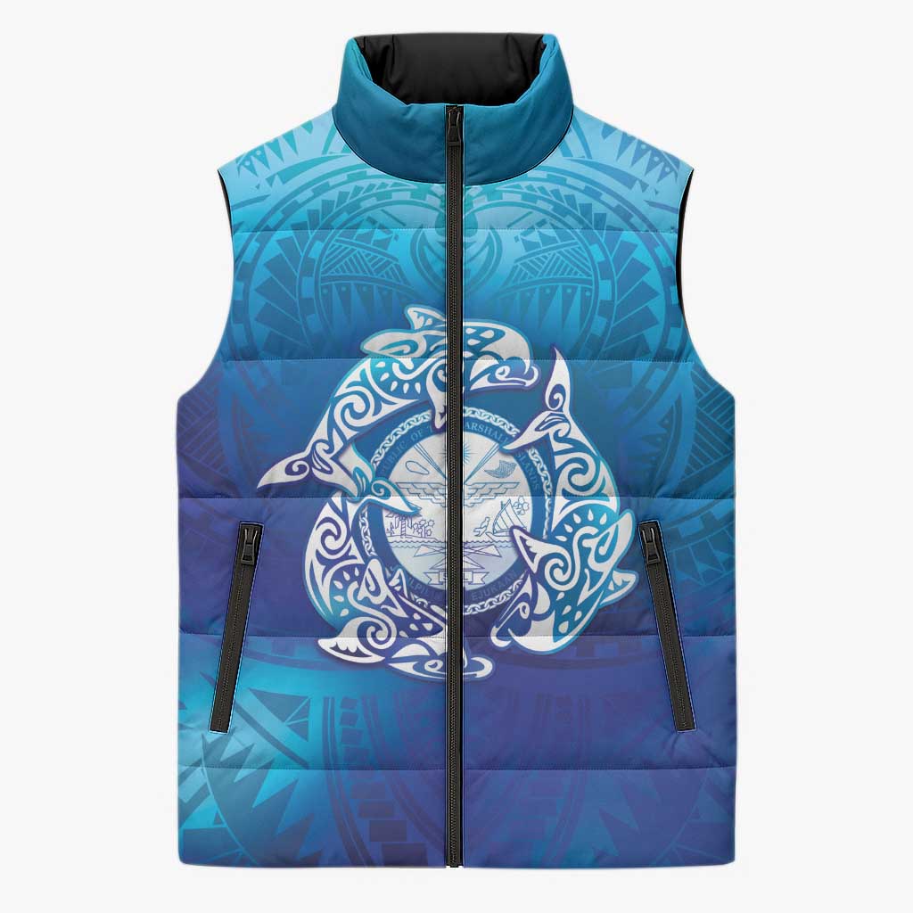 Marshall Islands Manit Day Sleeveless Puffer Jacket Tribal Dolphin With Marshall Seal - Polynesian Pride