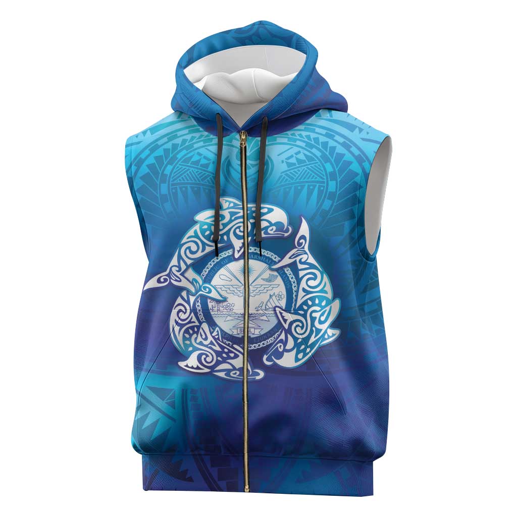 Marshall Islands Manit Day Sleeveless Zip Hoodie Tribal Dolphin With Marshall Seal - Polynesian Pride