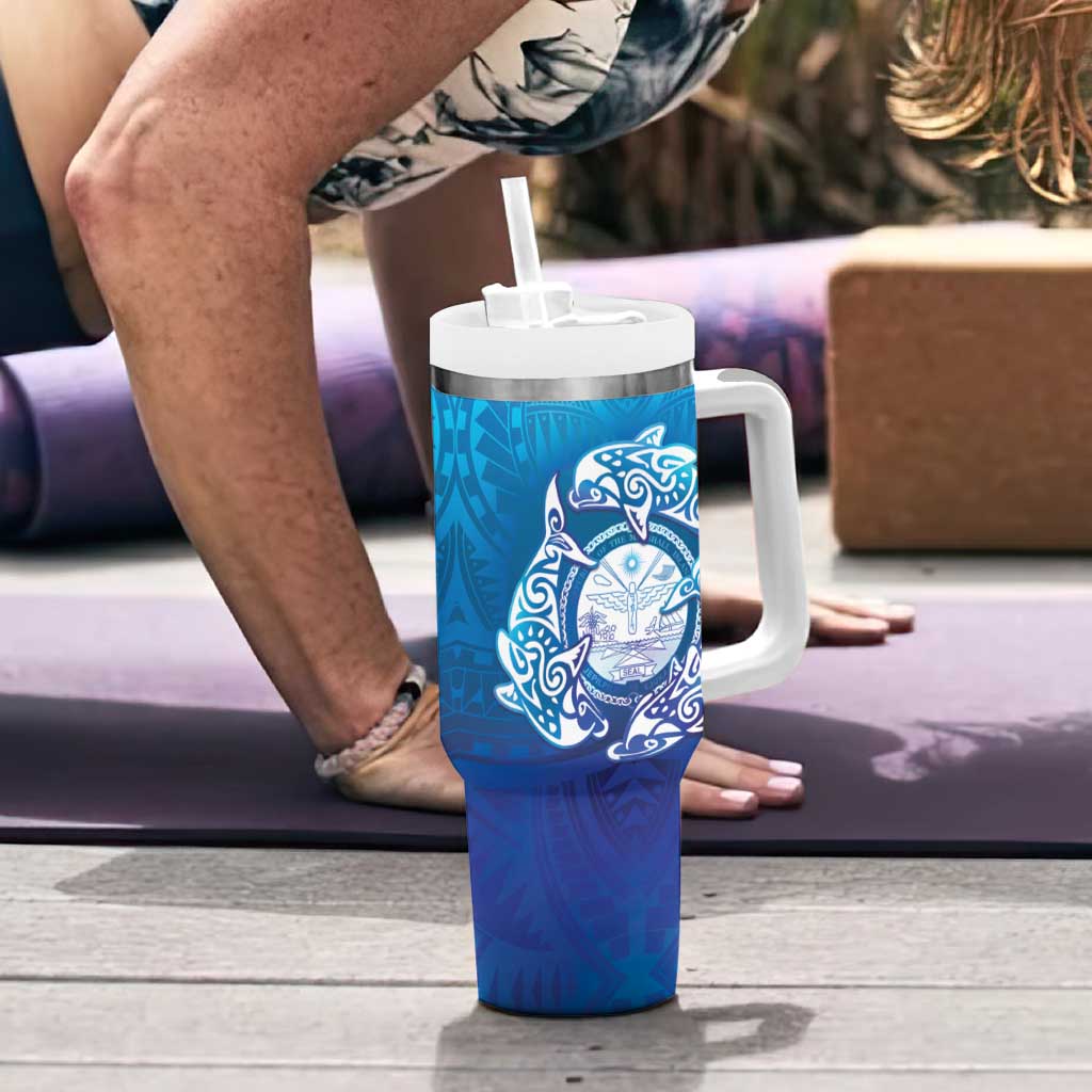 Marshall Islands Manit Day Tumbler With Handle Tribal Dolphin With Marshall Seal - Polynesian Pride