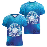Marshall Islands Manit Day Women V-Neck T-Shirt Tribal Dolphin With Marshall Seal - Polynesian Pride