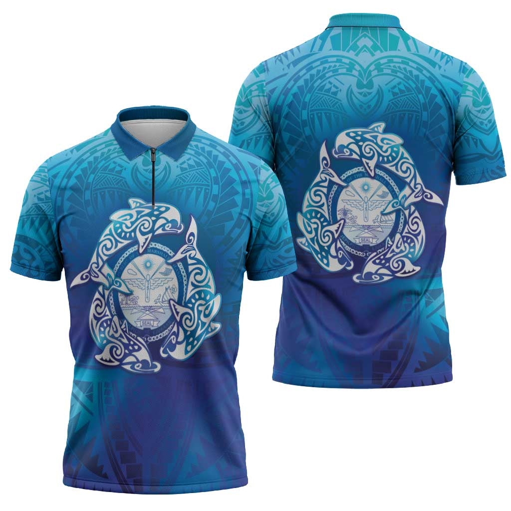 Marshall Islands Manit Day Zipper Polo Shirt Tribal Dolphin With Marshall Seal - Polynesian Pride