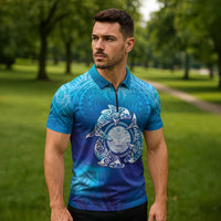 Marshall Islands Manit Day Zipper Polo Shirt Tribal Dolphin With Marshall Seal - Polynesian Pride