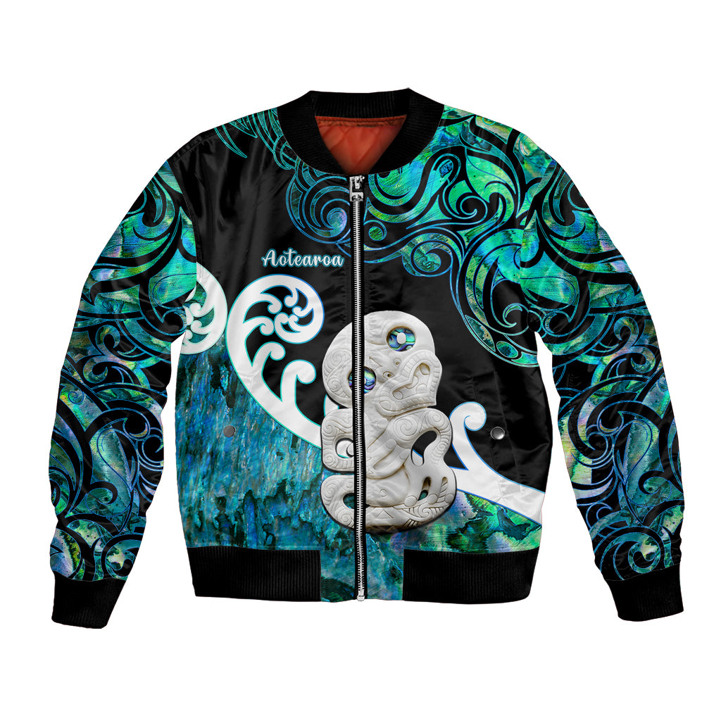 Aotearoa New Zealand Bomber Jacket Paua Shell Fern Koru With Maori Hei Tiki LT05 Unisex Green - Polynesian Pride