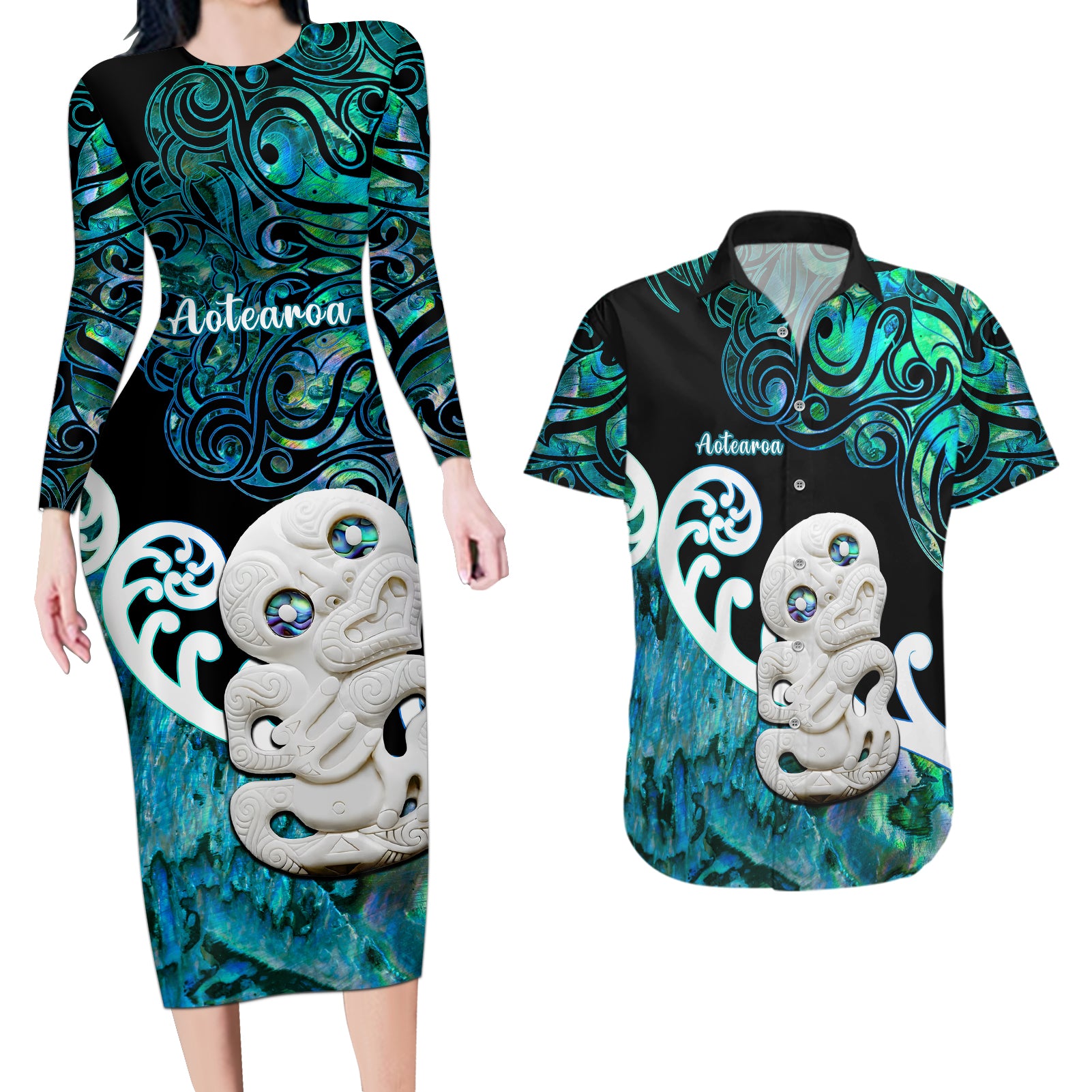 Aotearoa New Zealand Couples Matching Long Sleeve Bodycon Dress and Hawaiian Shirt Paua Shell Fern Koru With Maori Hei Tiki LT05 Green - Polynesian Pride