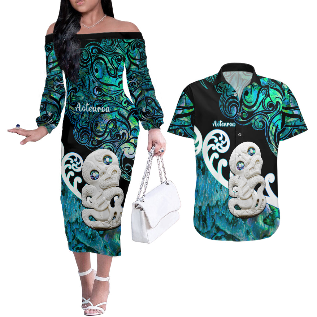 Aotearoa New Zealand Couples Matching Off The Shoulder Long Sleeve Dress and Hawaiian Shirt Paua Shell Fern Koru With Maori Hei Tiki LT05 Green - Polynesian Pride