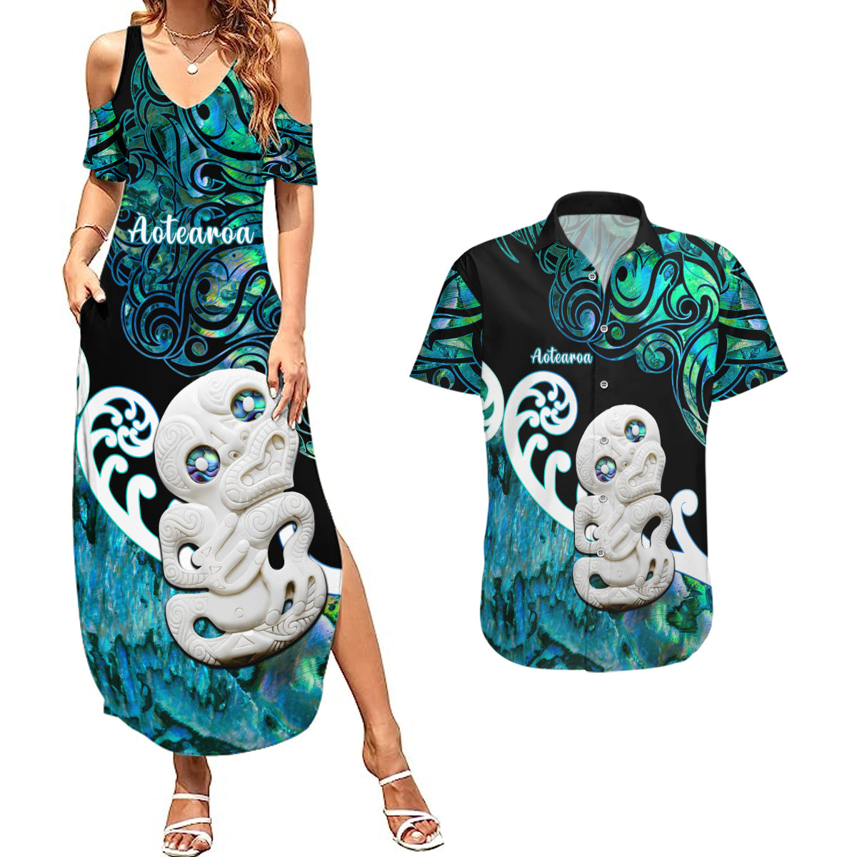 Aotearoa New Zealand Couples Matching Summer Maxi Dress and Hawaiian Shirt Paua Shell Fern Koru With Maori Hei Tiki LT05 Green - Polynesian Pride